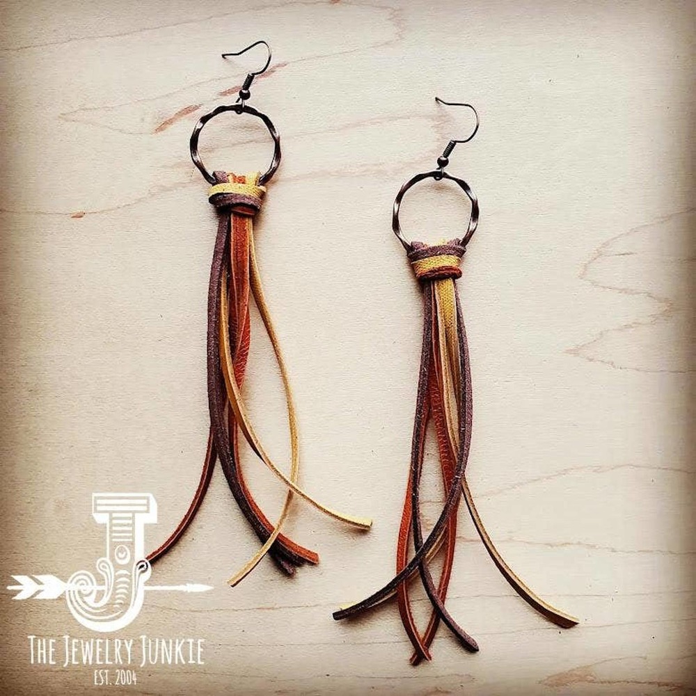Copper Circle Deer Skin Leather Tassel Earring Tan Brown Mustard